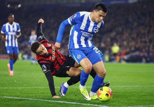 Brighton and Hove, England, 19th January 2026. Marcus Tavernier of Bournemouth and Diego Gomez of Brighton and Hove Albion challenge for the ball during the Brighton and Hove Albion vs AFC Bournemouth Premier League match at the AMEX Stadium, Brighton and Hove. Picture credit should read: Paul Terry Sportimage EDITORIAL USE ONLY. No use with unauthorised audio, video, data, fixture lists, club league logos or live services. Online in-match use limited to 120 images, no video emulation. No use in betting, games or single club league player publications. SPI_010_PT_Brighton_Bournemouth SPI-4463-0010