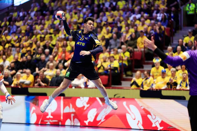 MALMÖ, SVERIGE 20260119 Sveriges Nikola RoganoviÄ‡ under gruppspelsmatchen i handbolls-EM grupp E mellan Georgien och Sverige i Malmö Arena, Malmö, Sverige, 19 januari, 2026. MALMÖ SVERIGE x10600x
