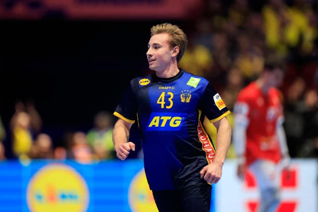 MALMÖ, SVERIGE 20260119 Sveriges Felix Montebovi under gruppspelsmatchen i handbolls-EM grupp E mellan Georgien och Sverige i Malmö Arena, Malmö, Sverige, 19 januari, 2026. MALMÖ SVERIGE x10600x