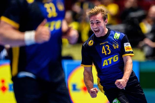 260119 Felix Montebovi of Sweden celebrates during the EHF European Handball Championship preliminary round match between Georgia and Sweden on January 19, 2026 in Malmö. Photo: Petter Arvidson BILDBYRAN kod PA PA1125 handball handboll handball handbolls-em 2026 georgien sverige sweden ehf european handball championship georgia bbeng jubel Copyright: PETTERxARVIDSON BB260119PA203