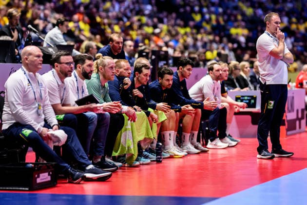 260119 Goalkeeper Mikael Appelgren, Jim Gottfridsson, Hampus Wanne and Head coach Michael Apelgren of Sweden during the EHF European Handball Championship preliminary round match between Georgia and Sweden on January 19, 2026 in Malmö. Photo: Petter Arvidson BILDBYRAN kod PA PA1125 handball handboll handball handbolls-em 2026 georgien sverige sweden ehf european handball championship georgia bbeng Copyright: PETTERxARVIDSON BB260119PA207