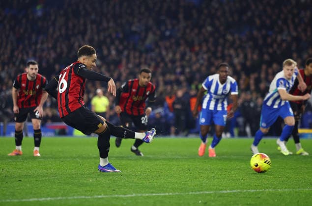 Brighton and Hove, England, 19th January 2026. Marcus Tavernier of Bournemouth scores to make it 1-0 during the Brighton and Hove Albion vs AFC Bournemouth Premier League match at the AMEX Stadium, Brighton and Hove. Picture credit should read: Paul Terry Sportimage EDITORIAL USE ONLY. No use with unauthorised audio, video, data, fixture lists, club league logos or live services. Online in-match use limited to 120 images, no video emulation. No use in betting, games or single club league player publications. SPI_014_PT_Brighton_Bournemouth SPI-4463-0014