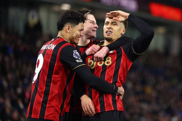 Brighton and Hove, England, 19th January 2026. Marcus Tavernier (R) of Bournemouth celebrates after scoring to make it 1-0 during the Brighton and Hove Albion vs AFC Bournemouth Premier League match at the AMEX Stadium, Brighton and Hove. Picture credit should read: Paul Terry Sportimage EDITORIAL USE ONLY. No use with unauthorised audio, video, data, fixture lists, club league logos or live services. Online in-match use limited to 120 images, no video emulation. No use in betting, games or single club league player publications. SPI_016_PT_Brighton_Bournemouth SPI-4463-0016