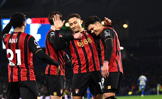 Marcus Tavernier of Bournemouth celebrates after giving them the lead from the penalty spot during the Premier League match between Brighton and Hove Albion and AFC Bournemouth at the American Express Stadium , Brighton , UK - 19th January 2026 Brighton vs Bournemouth Premier League Football, Amex Stadium, Sussex, UK - 19 Jan 2026Brighton Amex Stadium Sussex United Kingdom Editorial use only. No merchandising. For Football images FA and Premier League restrictions apply inc. no internet mobile usage without FAPL license - for details contact Football Dataco  Copyright: xSimonxDack TPI Shutterstockx 16370121r