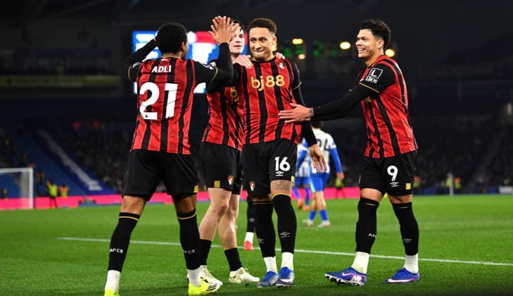 Marcus Tavernier of Bournemouth (no 16) celebrates after giving them the lead from the penalty spot during the Premier League match between Brighton and Hove Albion and AFC Bournemouth at the American Express Stadium , Brighton , UK - 19th January 2026 Brighton vs Bournemouth Premier League Football, Amex Stadium, Sussex, UK - 19 Jan 2026Brighton Amex Stadium Sussex United Kingdom Editorial use only. No merchandising. For Football images FA and Premier League restrictions apply inc. no internet mobile usage without FAPL license - for details contact Football Dataco  Copyright: xSimonxDack TPI Shutterstockx 16370121s