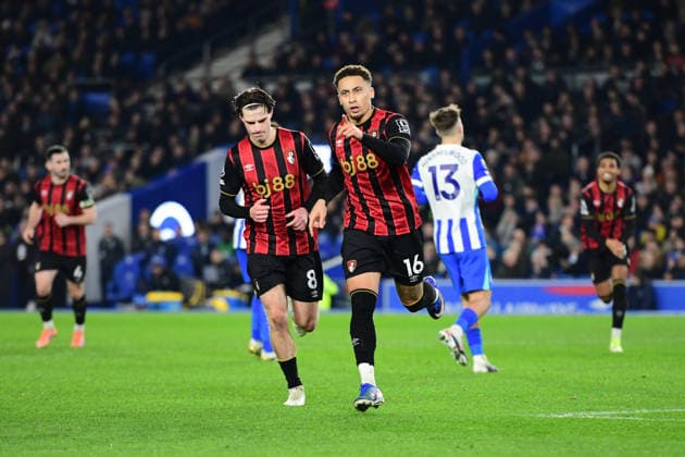 Brighton and Hove Albion v Bournemouth, Premier League GOAL CELEBRATION 0-1 scored by Marcus Tavernier Midfielder of Bournemouth FC from the penalty spot during the Premier League match between Brighton and Hove Albion and Bournemouth at the American Express Stadium, Brighton and Hove, UK on 19 January 2026. Brighton and Hove American Express Stadium East Sussex UK Editorial use only DataCo restrictions apply See www.football-dataco.com , Copyright: xJeffxMoodx PSI-23593-0024