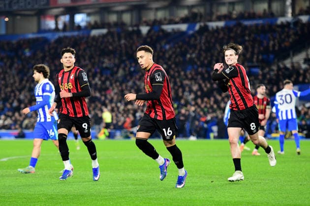 Brighton and Hove Albion v Bournemouth, Premier League GOAL CELEBRATION 0-1 scored by Marcus Tavernier Midfielder of Bournemouth FC from the penalty spot during the Premier League match between Brighton and Hove Albion and Bournemouth at the American Express Stadium, Brighton and Hove, UK on 19 January 2026. Brighton and Hove American Express Stadium East Sussex UK Editorial use only DataCo restrictions apply See www.football-dataco.com , Copyright: xJeffxMoodx PSI-23593-0025