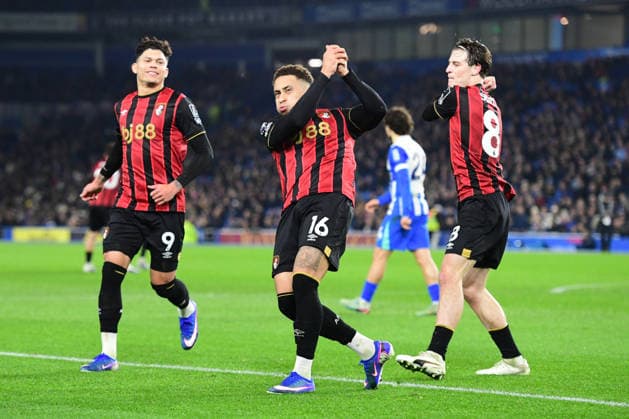 Brighton and Hove Albion v Bournemouth, Premier League GOAL CELEBRATION 0-1 scored by Marcus Tavernier Midfielder of Bournemouth FC from the penalty spot during the Premier League match between Brighton and Hove Albion and Bournemouth at the American Express Stadium, Brighton and Hove, UK on 19 January 2026. Brighton and Hove American Express Stadium East Sussex UK Editorial use only DataCo restrictions apply See www.football-dataco.com , Copyright: xJeffxMoodx PSI-23593-0026