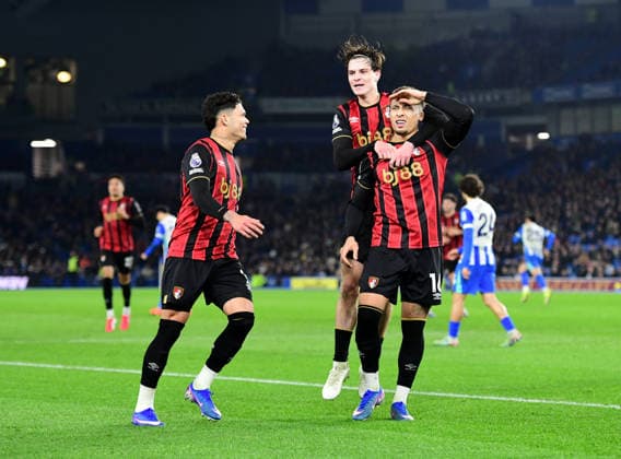 Brighton and Hove Albion v Bournemouth, Premier League GOAL CELEBRATION 0-1 scored by Marcus Tavernier Midfielder of Bournemouth FC from the penalty spot during the Premier League match between Brighton and Hove Albion and Bournemouth at the American Express Stadium, Brighton and Hove, UK on 19 January 2026. Brighton and Hove American Express Stadium East Sussex UK Editorial use only DataCo restrictions apply See www.football-dataco.com , Copyright: xJeffxMoodx PSI-23593-0027