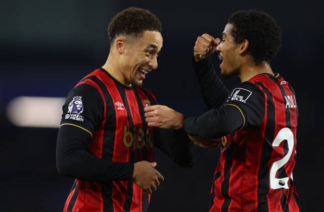 Brighton and Hove, England, 19th January 2026. Marcus Tavernier (L) of Bournemouth celebrates with Amine Adli of Bournemouth after scoring to make it 1-0 during the Brighton and Hove Albion vs AFC Bournemouth Premier League match at the AMEX Stadium, Brighton and Hove. Picture credit should read: Paul Terry Sportimage EDITORIAL USE ONLY. No use with unauthorised audio, video, data, fixture lists, club league logos or live services. Online in-match use limited to 120 images, no video emulation. No use in betting, games or single club league player publications. SPI_018_PT_Brighton_Bournemouth SPI-4463-0018