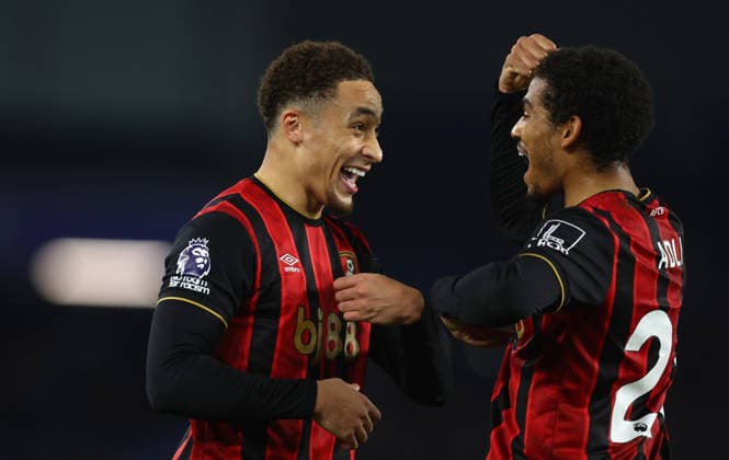 Brighton and Hove, England, 19th January 2026. Marcus Tavernier (L) of Bournemouth celebrates with Amine Adli of Bournemouth after scoring to make it 1-0 during the Brighton and Hove Albion vs AFC Bournemouth Premier League match at the AMEX Stadium, Brighton and Hove. Picture credit should read: Paul Terry Sportimage EDITORIAL USE ONLY. No use with unauthorised audio, video, data, fixture lists, club league logos or live services. Online in-match use limited to 120 images, no video emulation. No use in betting, games or single club league player publications. SPI_019_PT_Brighton_Bournemouth SPI-4463-0019