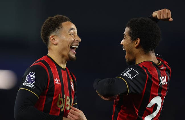 Brighton and Hove, England, 19th January 2026. Marcus Tavernier (L) of Bournemouth celebrates with Amine Adli of Bournemouth after scoring to make it 1-0 during the Brighton and Hove Albion vs AFC Bournemouth Premier League match at the AMEX Stadium, Brighton and Hove. Picture credit should read: Paul Terry Sportimage EDITORIAL USE ONLY. No use with unauthorised audio, video, data, fixture lists, club league logos or live services. Online in-match use limited to 120 images, no video emulation. No use in betting, games or single club league player publications. SPI_020_PT_Brighton_Bournemouth SPI-4463-0020