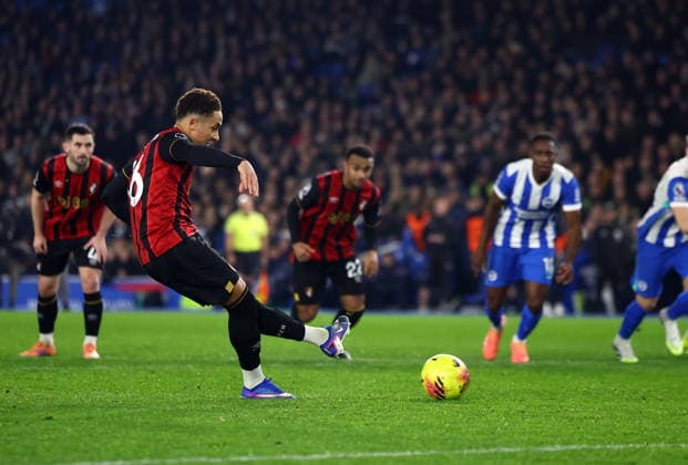 Brighton and Hove, England, 19th January 2026. Marcus Tavernier of Bournemouth scores to make it 1-0 during the Brighton and Hove Albion vs AFC Bournemouth Premier League match at the AMEX Stadium, Brighton and Hove. Picture credit should read: Paul Terry Sportimage EDITORIAL USE ONLY. No use with unauthorised audio, video, data, fixture lists, club league logos or live services. Online in-match use limited to 120 images, no video emulation. No use in betting, games or single club league player publications. SPI_021_PT_Brighton_Bournemouth SPI-4463-0021