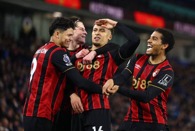 Brighton and Hove, England, 19th January 2026. Marcus Tavernier of Bournemouth (C) celebrates after scoring to make it 1-0 during the Brighton and Hove Albion vs AFC Bournemouth Premier League match at the AMEX Stadium, Brighton and Hove. Picture credit should read: Paul Terry Sportimage EDITORIAL USE ONLY. No use with unauthorised audio, video, data, fixture lists, club league logos or live services. Online in-match use limited to 120 images, no video emulation. No use in betting, games or single club league player publications. SPI_024_PT_Brighton_Bournemouth SPI-4463-0024