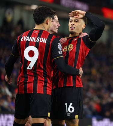Brighton and Hove, England, 19th January 2026. Marcus Tavernier of Bournemouth (R) celebrates after scoring to make it 1-0 during the Brighton and Hove Albion vs AFC Bournemouth Premier League match at the AMEX Stadium, Brighton and Hove. Picture credit should read: Paul Terry Sportimage EDITORIAL USE ONLY. No use with unauthorised audio, video, data, fixture lists, club league logos or live services. Online in-match use limited to 120 images, no video emulation. No use in betting, games or single club league player publications. SPI_025_PT_Brighton_Bournemouth SPI-4463-0025