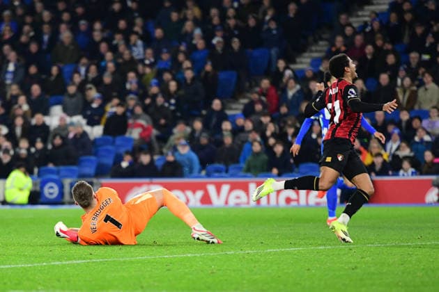 Brighton and Hove Albion v Bournemouth, Premier League Amine Adli Forward of Bournemouth FC goes to ground and recieves a yellow card for simulation which is then overturned following a VAR check and a penalty is given resulting in a goal for Bournemouth to make it 0-1 during the Premier League match between Brighton and Hove Albion and Bournemouth at the American Express Stadium, Brighton and Hove, UK on 19 January 2026. Brighton and Hove American Express Stadium East Sussex UK Editorial use only DataCo restrictions apply See www.football-dataco.com , Copyright: xJeffxMoodx PSI-23593-0029