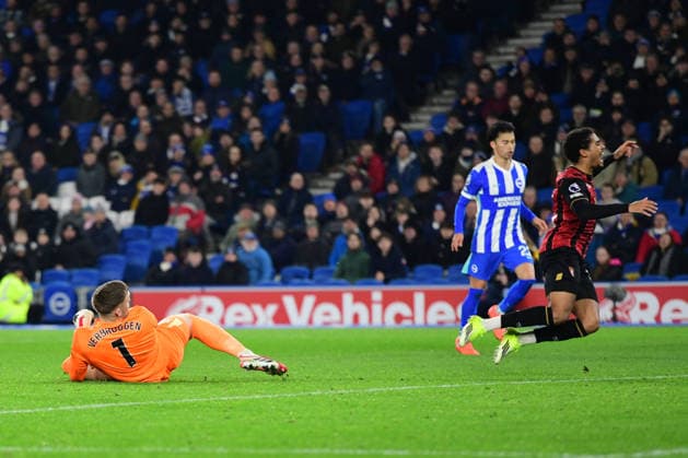 Brighton and Hove Albion v Bournemouth, Premier League Amine Adli Forward of Bournemouth FC goes to ground and recieves a yellow card for simulation which is then overturned following a VAR check and a penalty is given resulting in a goal for Bournemouth to make it 0-1 during the Premier League match between Brighton and Hove Albion and Bournemouth at the American Express Stadium, Brighton and Hove, UK on 19 January 2026. Brighton and Hove American Express Stadium East Sussex UK Editorial use only DataCo restrictions apply See www.football-dataco.com , Copyright: xJeffxMoodx PSI-23593-0030