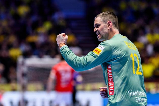 260119 Goalkeeper Andreas Palicka of Sweden celebrates during the EHF European Handball Championship preliminary round match between Georgia and Sweden on January 19, 2026 in Malmö. Photo: Petter Arvidson BILDBYRAN kod PA PA1125 handball handboll handball handbolls-em 2026 georgien sverige sweden ehf european handball championship georgia bbeng jubel Copyright: PETTERxARVIDSON BB260119PA220