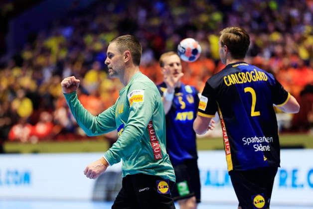 MALMÖ, SVERIGE 20260119 Sveriges Andreas Palicka under gruppspelsmatchen i handbolls-EM grupp E mellan Georgien och Sverige i Malmö Arena, Malmö, Sverige, 19 januari, 2026. MALMÖ SVERIGE x10600x