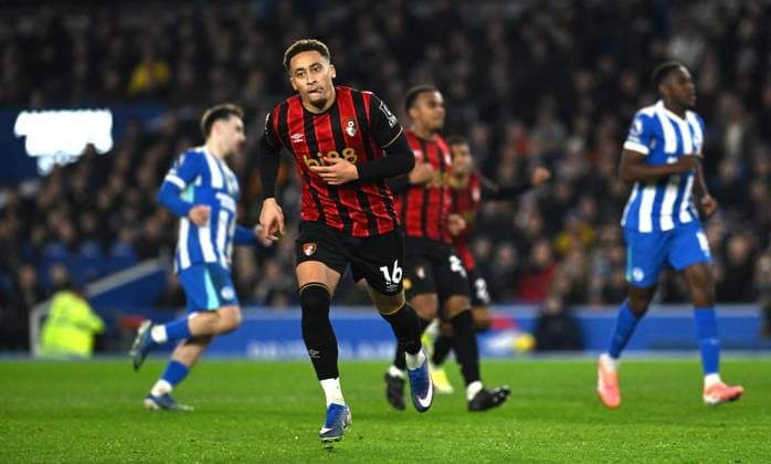 Marcus Tavernier of Bournemouth celebrates after giving them the lead from the penalty spot during the Premier League match between Brighton and Hove Albion and AFC Bournemouth at the American Express Stadium , Brighton , UK - 19th January 2026 Brighton vs Bournemouth Premier League Football, Amex Stadium, Sussex, UK - 19 Jan 2026Brighton Amex Stadium Sussex United Kingdom Editorial use only. No merchandising. For Football images FA and Premier League restrictions apply inc. no internet mobile usage without FAPL license - for details contact Football Dataco  Copyright: xSimonxDack TPI Shutterstockx 16370121v