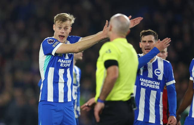 Brighton and Hove, England, 19th January 2026. Jan Paul van Hecke of Brighton and Hove Albion and Pascal Gross of Brighton and Hove Albion appeal to referee, Paul Tierney after he awards Bournemouth a penalty during the Brighton and Hove Albion vs AFC Bournemouth Premier League match at the AMEX Stadium, Brighton and Hove. Picture credit should read: Paul Terry Sportimage EDITORIAL USE ONLY. No use with unauthorised audio, video, data, fixture lists, club league logos or live services. Online in-match use limited to 120 images, no video emulation. No use in betting, games or single club league player publications. SPI_026_PT_Brighton_Bournemouth SPI-4463-0026