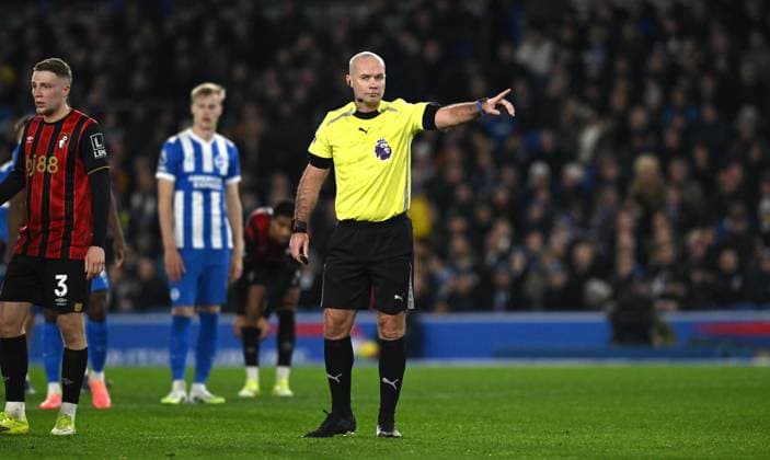 Referee Paul Tierney gives Bournemouth a penalty in the first half during the Premier League match between Brighton and Hove Albion and AFC Bournemouth at the American Express Stadium , Brighton , UK - 19th January 2026 Brighton vs Bournemouth Premier League Football, Amex Stadium, Sussex, UK - 19 Jan 2026Brighton Amex Stadium Sussex United Kingdom Editorial use only. No merchandising. For Football images FA and Premier League restrictions apply inc. no internet mobile usage without FAPL license - for details contact Football Dataco  Copyright: xSimonxDack TPI Shutterstockx 16370121aa