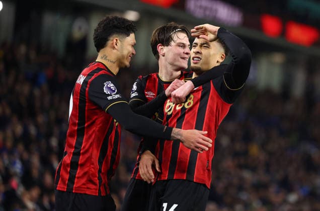 Brighton and Hove, England, 19th January 2026. Marcus Tavernier of Bournemouth (R) celebrates after scoring to make it 1-0 during the Brighton and Hove Albion vs AFC Bournemouth Premier League match at the AMEX Stadium, Brighton and Hove. Picture credit should read: Paul Terry Sportimage EDITORIAL USE ONLY. No use with unauthorised audio, video, data, fixture lists, club league logos or live services. Online in-match use limited to 120 images, no video emulation. No use in betting, games or single club league player publications. SPI_027_PT_Brighton_Bournemouth SPI-4463-0027