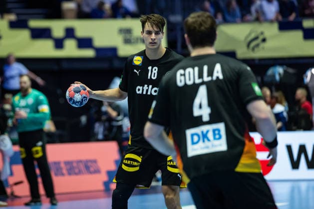 HERNING, DENMARK - JANUARY 19: Julian Köster (Germany, 18), Johannes Golla (Germany, 04) during the EHF EURO 2026 match between Germany vs Spain at Jyske Bank Boxen Arena on matchday 3 of the Group Matches Group A on January 19, 2026 in Herning, Denmark. Midtjylland Denmark Copyright: xMarioxM.xKobergx