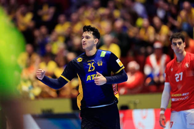MALMÖ, SVERIGE 20260119 Sveriges Nikola RoganoviÄ‡ under gruppspelsmatchen i handbolls-EM grupp E mellan Georgien och Sverige i Malmö Arena, Malmö, Sverige, 19 januari, 2026. MALMÖ SVERIGE x10600x