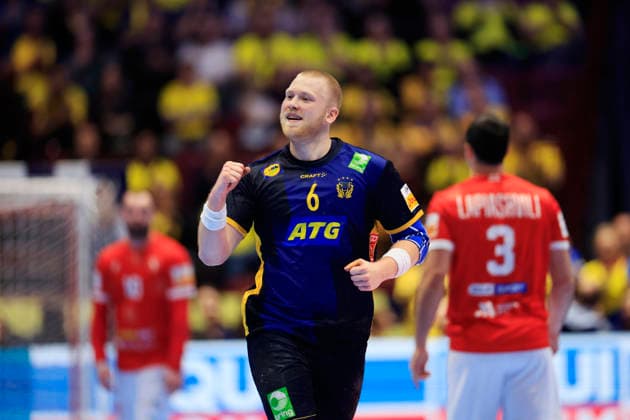 MALMÖ, SVERIGE 20260119 Sveriges Felix Möller under gruppspelsmatchen i handbolls-EM grupp E mellan Georgien och Sverige i Malmö Arena, Malmö, Sverige, 19 januari, 2026. MALMÖ SVERIGE x10600x