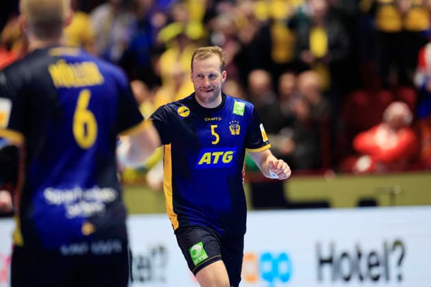 MALMÖ, SVERIGE 20260119 Sveriges Max Darj under gruppspelsmatchen i handbolls-EM grupp E mellan Georgien och Sverige i Malmö Arena, Malmö, Sverige, 19 januari, 2026. MALMÖ SVERIGE x10600x