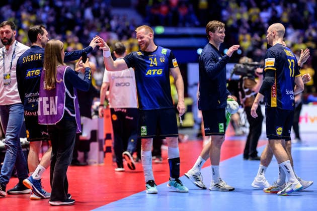 260119 Jim Gottfridsson of Sweden celebrates after the EHF European Handball Championship preliminary round match between Georgia and Sweden on January 19, 2026 in Malmö. Photo: Petter Arvidson BILDBYRAN kod PA PA1125 handball handboll handball handbolls-em 2026 georgien sverige sweden ehf european handball championship georgia bbeng jubel Copyright: PETTERxARVIDSON BB260119PA256