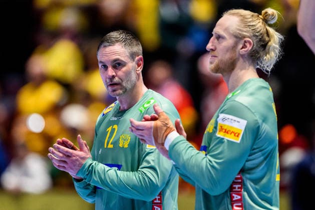 260119 Goalkeeper Andreas Palicka and goalkeeper Mikael Appelgren of Sweden after the EHF European Handball Championship preliminary round match between Georgia and Sweden on January 19, 2026 in Malmö. Photo: Petter Arvidson BILDBYRAN kod PA PA1125 handball handboll handball handbolls-em 2026 georgien sverige sweden ehf european handball championship georgia bbeng Copyright: PETTERxARVIDSON BB260119PA257