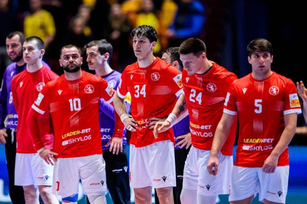 260119 Irakli Kbilashvili, Miriani Gavashelishvili, Zurabi Gogava and Vakhtang Khelisupali of Georgia look dejected after the EHF European Handball Championship preliminary round match between Georgia and Sweden on January 19, 2026 in Malmö. Photo: Petter Arvidson BILDBYRAN kod PA PA1125 handball handboll handball handbolls-em 2026 georgien sverige sweden ehf european handball championship georgia bbeng depp Copyright: PETTERxARVIDSON BB260119PA261
