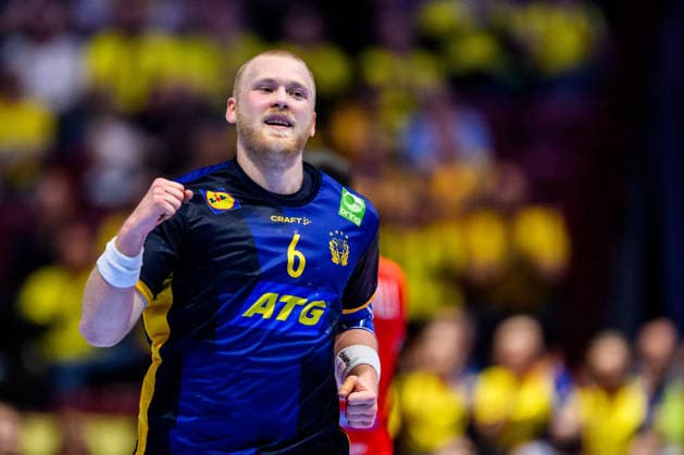260119 Felix Möller of Sweden celebrates during the EHF European Handball Championship preliminary round match between Georgia and Sweden on January 19, 2026 in Malmö. Photo: Petter Arvidson BILDBYRAN kod PA PA1125 handball handboll handball handbolls-em 2026 georgien sverige sweden ehf european handball championship georgia bbeng jubel Copyright: PETTERxARVIDSON BB260119PA268