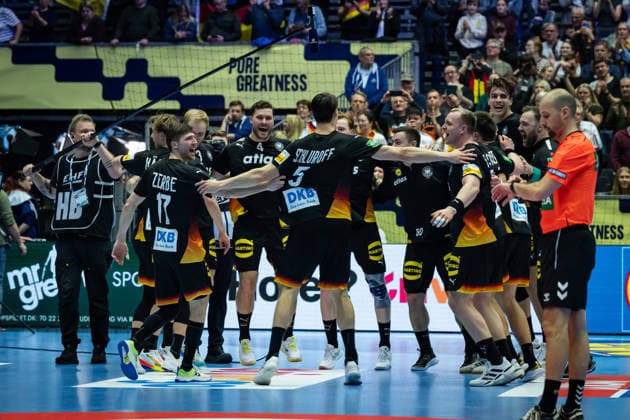 HERNING, DENMARK - JANUARY 19: celebration after victory team Germany during the EHF EURO 2026 match between Germany vs Spain at Jyske Bank Boxen Arena on matchday 3 of the Group Matches Group A on January 19, 2026 in Herning, Denmark. Midtjylland Denmark Copyright: xMarioxM.xKobergx