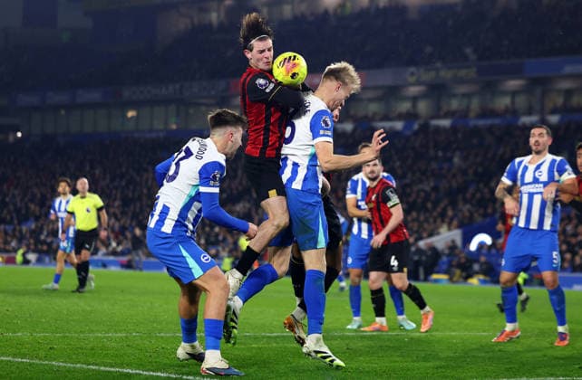 Brighton and Hove, England, 19th January 2026. Alex Scott of Bournemouth and Jan Paul van Hecke of Brighton and Hove Albion challenge for the ball during the Brighton and Hove Albion vs AFC Bournemouth Premier League match at the AMEX Stadium, Brighton and Hove. Picture credit should read: Paul Terry Sportimage EDITORIAL USE ONLY. No use with unauthorised audio, video, data, fixture lists, club league logos or live services. Online in-match use limited to 120 images, no video emulation. No use in betting, games or single club league player publications. SPI_030_PT_Brighton_Bournemouth SPI-4463-0030