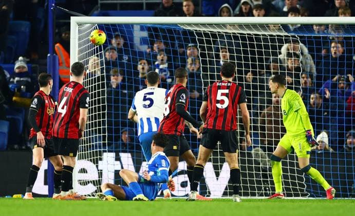Charalampos Kostoulas of Brighton and Hove Albion scores a goal to make the score 1-1. Brighton and Hove Albion v AFC Bournemouth, Premier League, Football, American Express Community Stadium, Brighton, UK - 19 Jan 2026Brighton American Express Community Stadi United Kingdom EDITORIAL USE ONLY No use with unauthorised audio, video, data, fixture lists, club league logos or live services. Online in-match use limited to 120 images, no video emulation. No use in betting, games or single club league player publications.  Copyright: xJamesxMarsh Shutterstockx 16348254bc