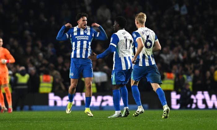 Charalampos Kostoulas of Brighton celebrates scoring their first goal during the Premier League match between Brighton and Hove Albion and AFC Bournemouth at the American Express Stadium , Brighton , UK - 19th January 2026 Brighton vs Bournemouth Premier League Football, Amex Stadium, Sussex, UK - 19 Jan 2026Brighton Amex Stadium Sussex United Kingdom Editorial use only. No merchandising. For Football images FA and Premier League restrictions apply inc. no internet mobile usage without FAPL license - for details contact Football Dataco  Copyright: xSimonxDack TPI Shutterstockx 16370121ac