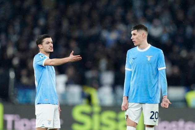 Reda Belahyane (SS Lazio) talks to Petar Ratkov (SS Lazio), Serie A, SS Lazio v Como 1907, Olimpico Stadium, January 19, 2026, Roma, Italy.