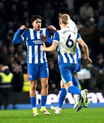 Charalampos Kostoulas of Brighton celebrates after scoring their late equaliser during the Premier League match between Brighton and Hove Albion and AFC Bournemouth at the American Express Stadium , Brighton , UK - 19th January 2026 Brighton vs Bournemouth Premier League Football, Amex Stadium, Sussex, UK - 19 Jan 2026Brighton Amex Stadium Sussex United Kingdom Editorial use only. No merchandising. For Football images FA and Premier League restrictions apply inc. no internet mobile usage without FAPL license - for details contact Football Dataco  Copyright: xSimonxDack TPI Shutterstockx 16370121ak