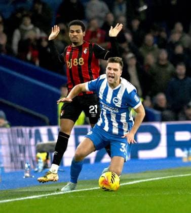 Joel Veltman of Brighton is brought down by Amine Adli of Bournemouth during the Premier League match between Brighton and Hove Albion and AFC Bournemouth at the American Express Stadium , Brighton , UK - 19th January 2026 Brighton vs Bournemouth Premier League Football, Amex Stadium, Sussex, UK - 19 Jan 2026Brighton Amex Stadium Sussex United Kingdom Editorial use only. No merchandising. For Football images FA and Premier League restrictions apply inc. no internet mobile usage without FAPL license - for details contact Football Dataco  Copyright: xSimonxDack TPI Shutterstockx 16370121au
