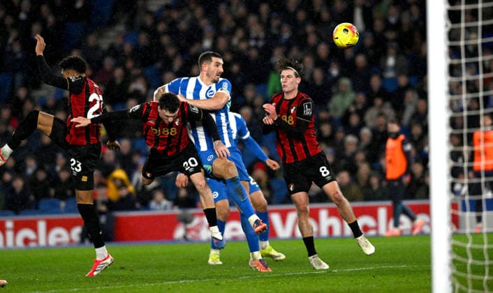 Lewis Dunk of Brighton goes close with a header during the Premier League match between Brighton and Hove Albion and AFC Bournemouth at the American Express Stadium , Brighton , UK - 19th January 2026 Brighton vs Bournemouth Premier League Football, Amex Stadium, Sussex, UK - 19 Jan 2026Brighton Amex Stadium Sussex United Kingdom Editorial use only. No merchandising. For Football images FA and Premier League restrictions apply inc. no internet mobile usage without FAPL license - for details contact Football Dataco  Copyright: xSimonxDack TPI Shutterstockx 16370121ax