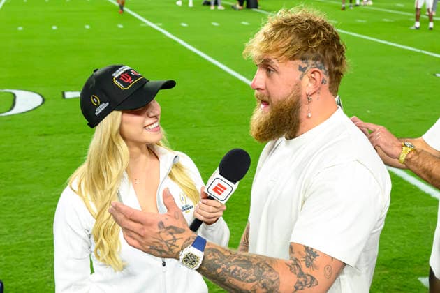 MIAMI GARDENS, FL - JANUARY 19: Jake Paul is interviewed on the sidelines before the Indiana Hoosiers versus the Miami Hurricanes College Football Playoff National Championship Game Presented by AT&T on January 19, 2026, at Hard Rock Stadium in Miami Gardens, FL. (Photo by Doug Murray Icon Sportswire) COLLEGE FOOTBALL: JAN 19 College Football Playoff National Championship Presented by AT&T Indiana vs Miami EDITORIAL USE ONLY Icon796260119046