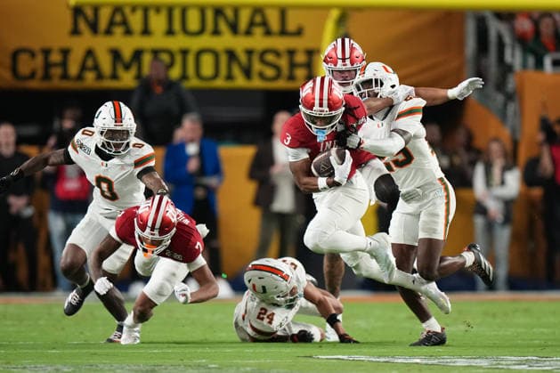 MIAMI GARDENS, FL - JANUARY 19: WR Omar Cooper Jr. 3 of the Indiana Hoosiers runs after a catch during the Indiana Hoosiers versus the Miami Hurricanes College Football Playoff National Championship Game Presented by AT&T on January 19, 2026, at Hard Rock Stadium in Miami Gardens, FL. (Photo by Joneleit Icon Sportswire) COLLEGE FOOTBALL: JAN 19 College Football Playoff National Championship Presented by AT&T Indiana vs Miami EDITORIAL USE ONLY Icon260119059