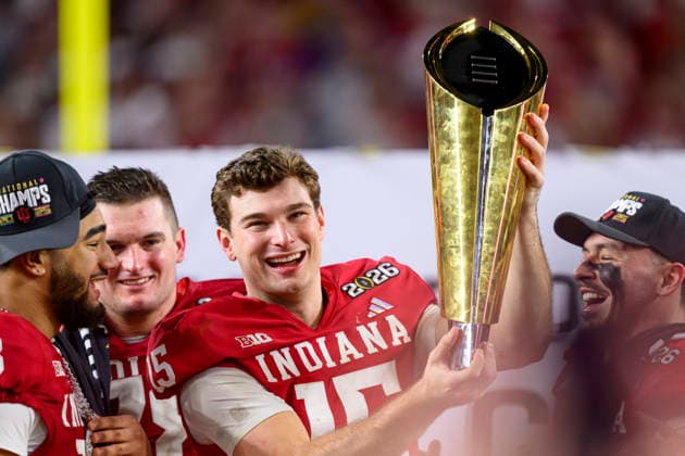 MIAMI GARDENS, FL - JANUARY 19: QB Fernando Mendoza 15 of the Indiana Hoosiers celebrates with the trophy after the Indiana Hoosiers versus the Miami Hurricanes College Football Playoff National Championship Game Presented by AT&T on January 19, 2026, at Hard Rock Stadium in Miami Gardens, FL. (Photo by Doug Murray Icon Sportswire) COLLEGE FOOTBALL: JAN 19 College Football Playoff National Championship Presented by AT&T Indiana vs Miami EDITORIAL USE ONLY Icon796260119033