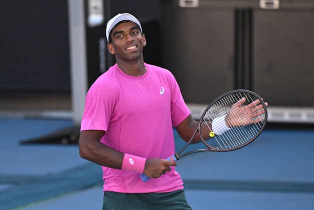 TENNIS AUSTRALIAN OPEN, Nishesh Basavareddy of USA celebrates winning the Men™s 1st round match against Christopher O™Connell of Australia on day 3 of the 2026 Australian Open tennis tournament at Melbourne Park in Melbourne, Tuesday, January 20, 2026. ( NO ARCHIVING MELBOURNE VICTORIA AUSTRALIA  Copyright: xJAMESxROSSx 20260120125076581174
