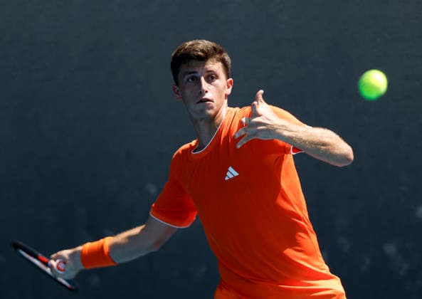 (260120) -- MELBOURNE, Jan. 20, 2026 -- Luca Nardi of Italy hits a return during the men s singles 1st round match against Wu Yibing of China at the Australian Open tennis tournament in Melbourne, Australia, Jan. 20, 2026. ) (SP)AUSTRALIA-MELBOURNE-TENNIS-AUSTRALIAN OPEN-MEN S SINGLES-DAY 3 MaxPing 