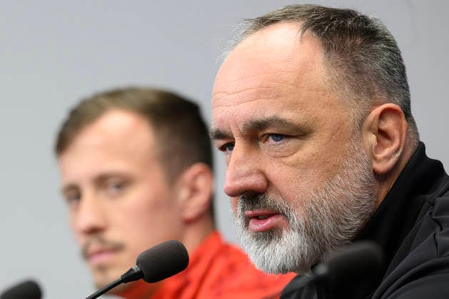 Slavia centre-back Tomas Vlcek (left) and head coach Jindrich Trpisovsky give a press conference, PK, Pressekonferenz before the UEFA Champions League, round 7, match SK Slavia Praha vs FC Barcelona, Barca in Prague, Czech Republic, on January 20, 2026. (CTKxPhoto MichalxKamaryt) CTKPhotoP2026012006049  CTKPhotoP2026012006049