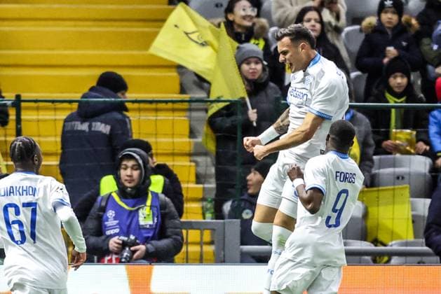 Club s Aleksandar Stankovic celebrates after scoring during a soccer game between Kazakh FC Kairat Almaty and Belgian Club Brugge KV, Tuesday 20 January 2026 in Astana, Kazakhstan, on day seven of the League phase of the UEFA Champions League tournament. BRUNOxFAHY  x157272027x